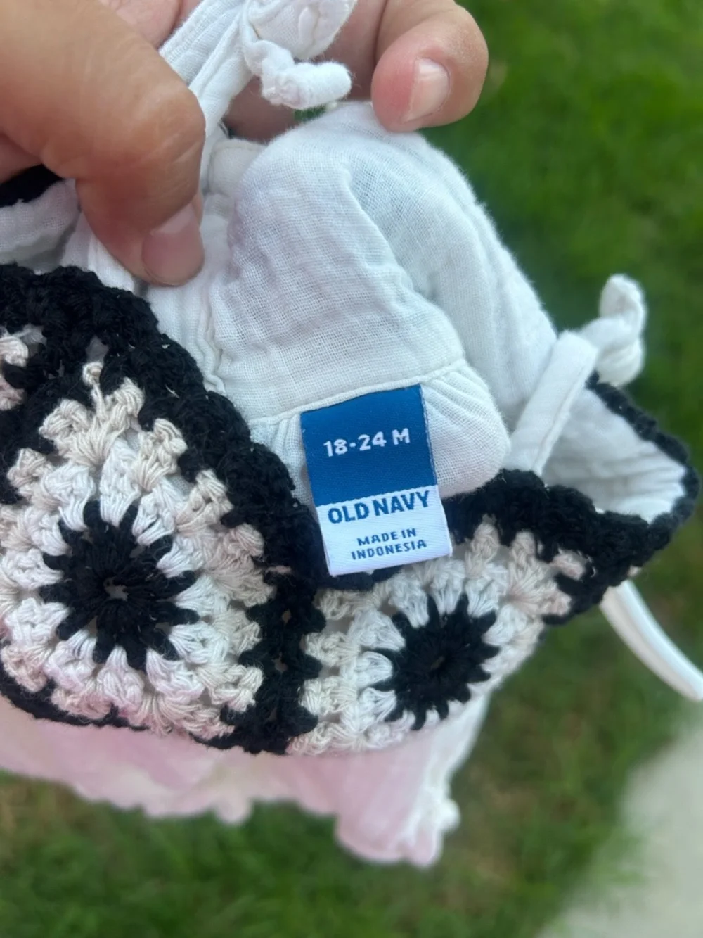 Old Navy White Baby Romper with Black and Cream Crochet Trim